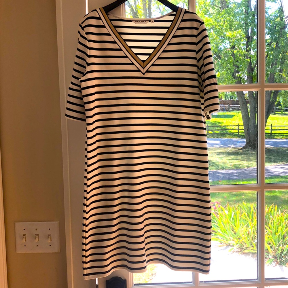 NAF NAF dress black and white stripes gold v neck.